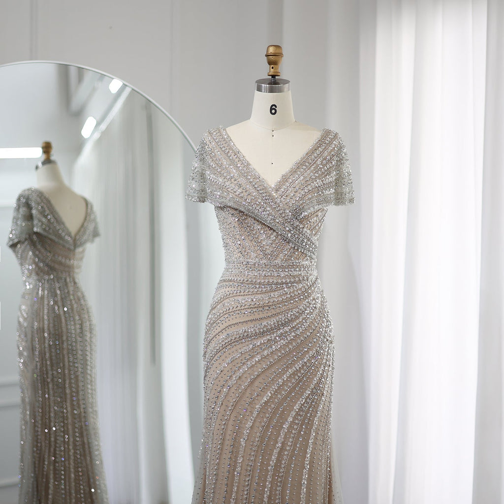 Luxury Silver Nude Mermaid Evening Dress with Cap Sleeves SS045