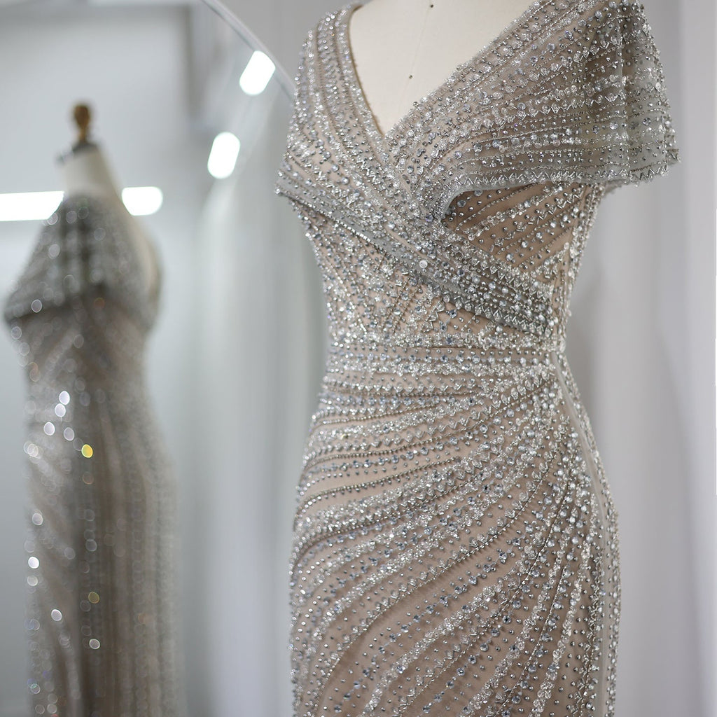 Luxury Silver Nude Mermaid Evening Dress with Cap Sleeves SS045