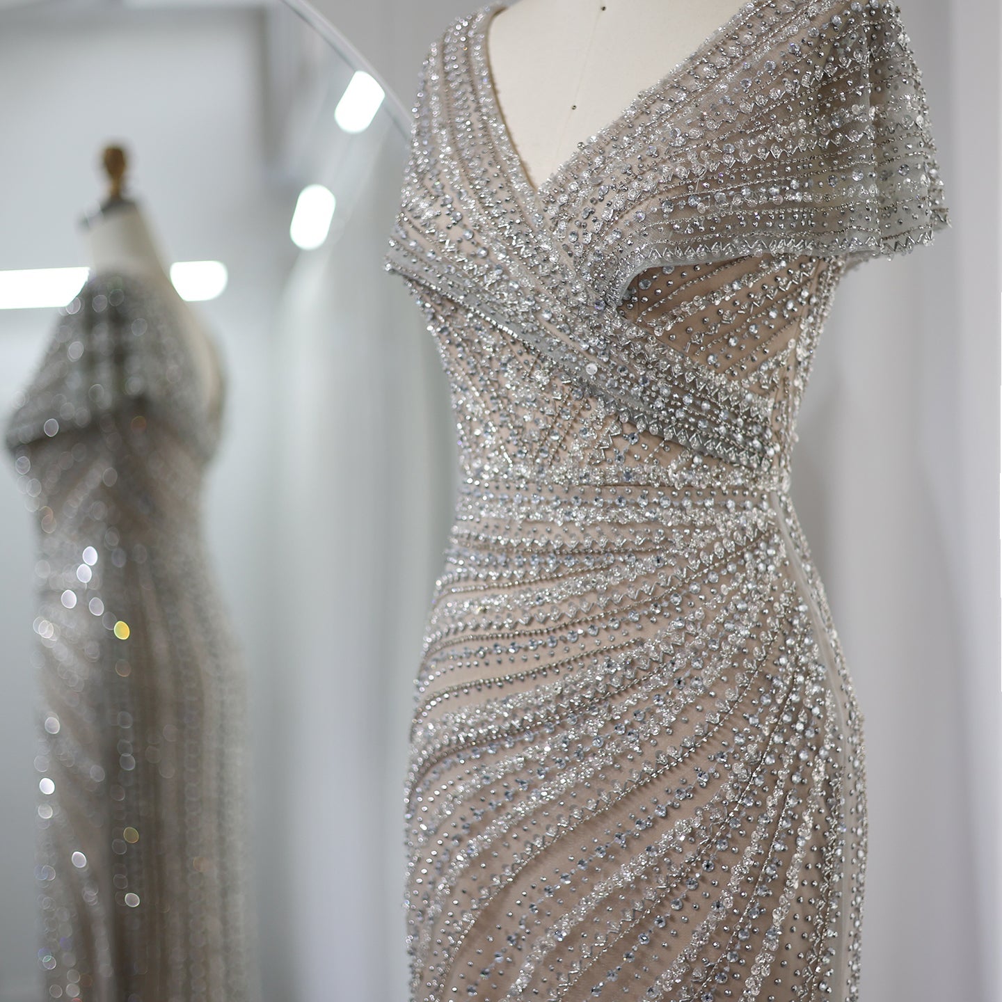 Luxury Silver Nude Mermaid Evening Dress with Cap Sleeves SS045