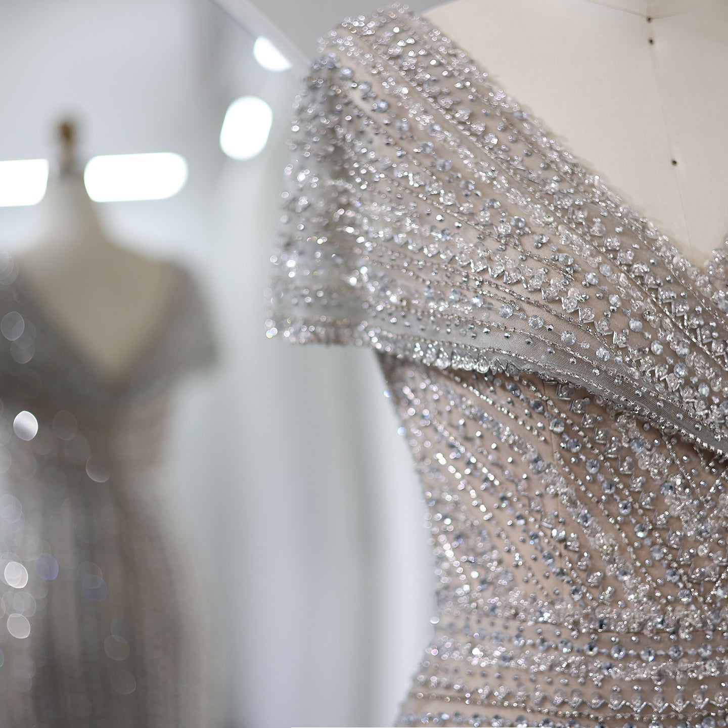 Luxury Silver Nude Mermaid Evening Dress with Cap Sleeves SS045