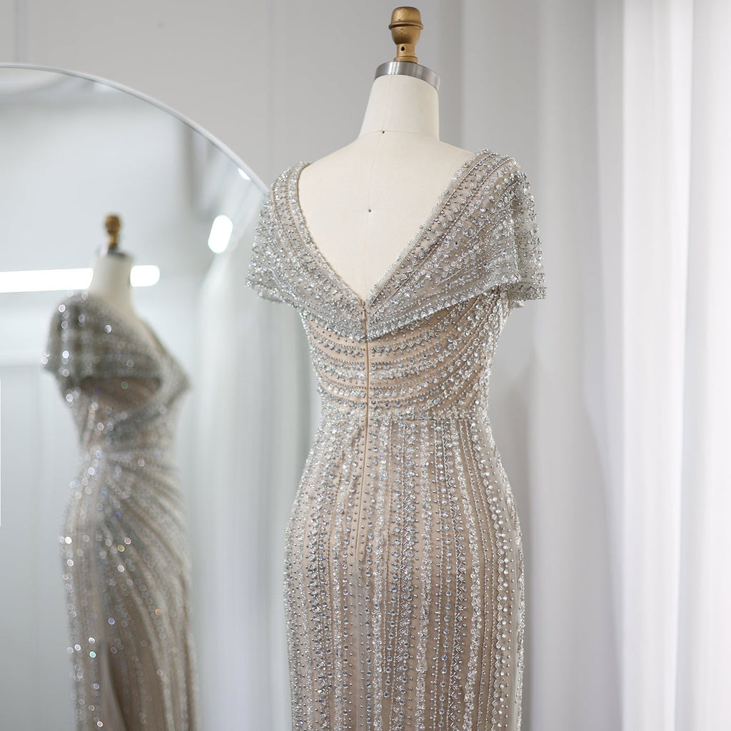 Luxury Silver Nude Mermaid Evening Dress with Cap Sleeves SS045