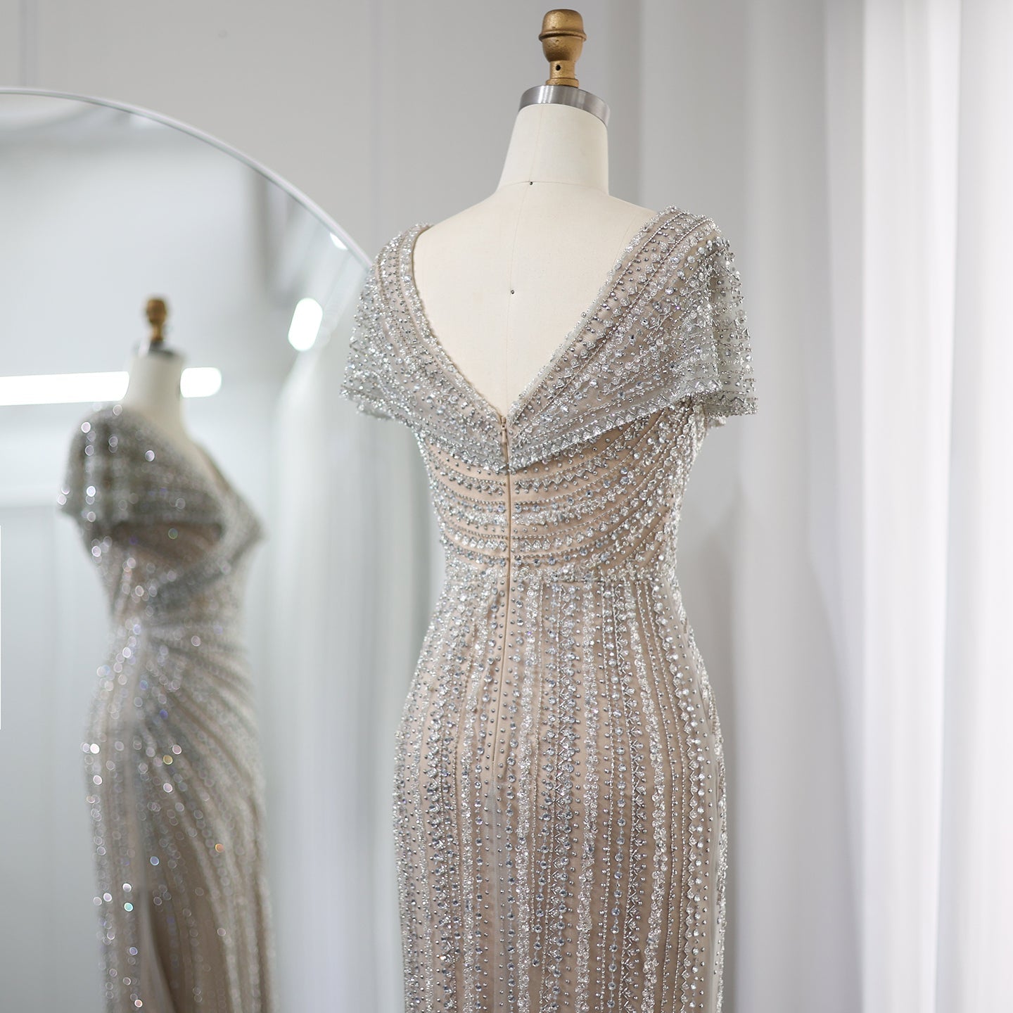 Luxury Silver Nude Mermaid Evening Dress with Cap Sleeves SS045