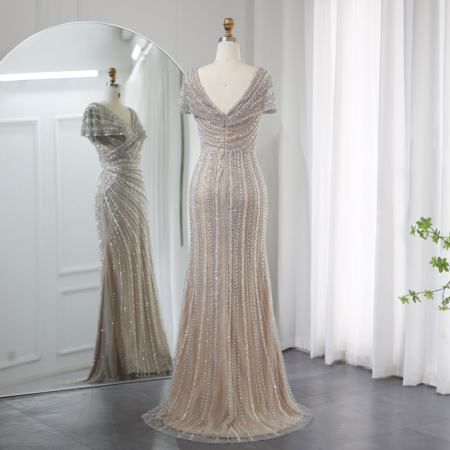 Luxury Silver Nude Mermaid Evening Dress with Cap Sleeves SS045