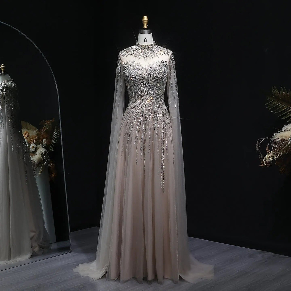 Luxury Blue High Neck Beaded Evening Dress with Cape Sleeve SS134