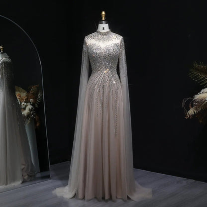 Luxury Blue High Neck Beaded Evening Dress with Cape Sleeve SS134