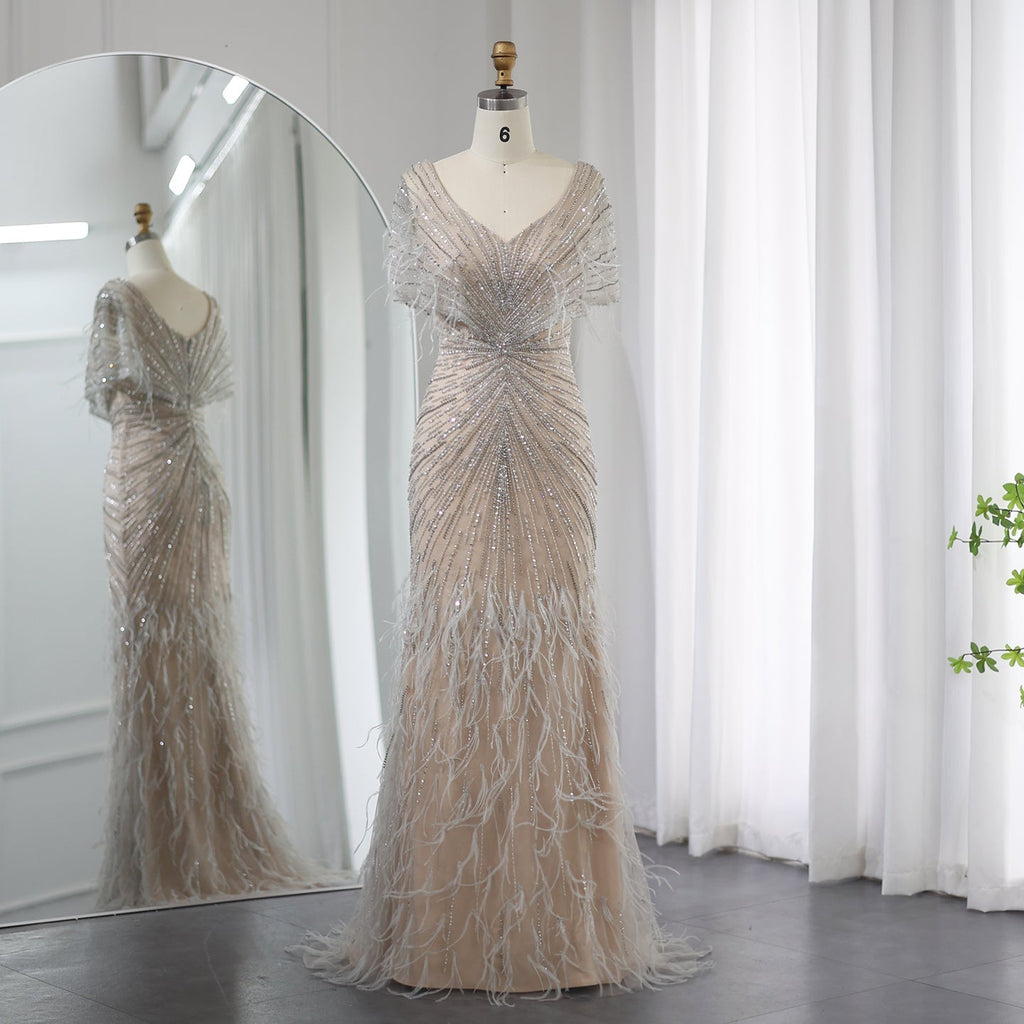 Luxury Feathers Khaki Mermaid Evening Dress with Cape Sleeves SS210