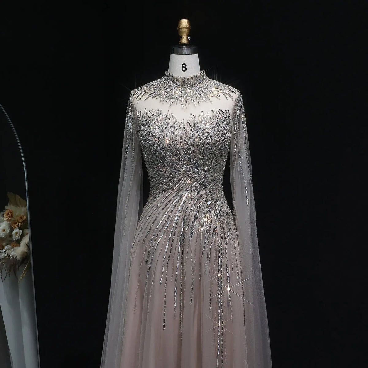 Luxury Blue High Neck Beaded Evening Dress with Cape Sleeve SS134