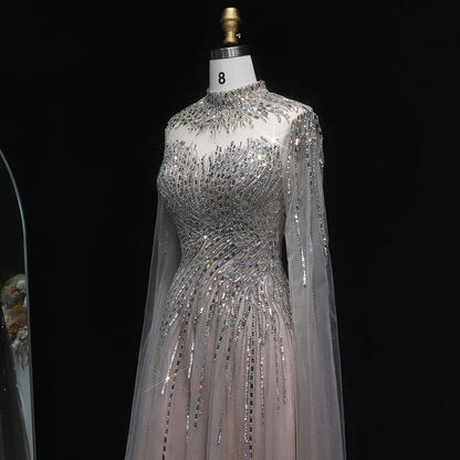 Luxury Blue High Neck Beaded Evening Dress with Cape Sleeve SS134