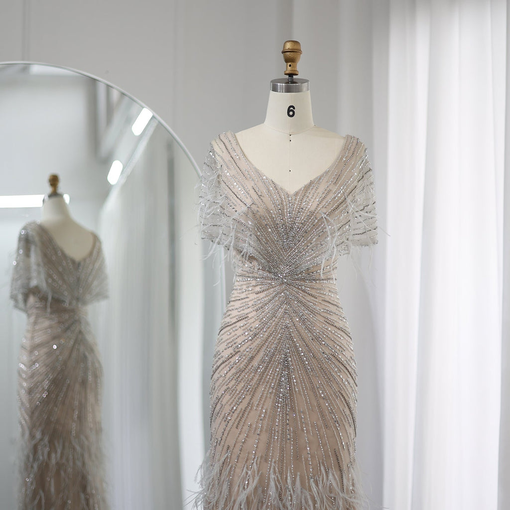 Luxury Feathers Khaki Mermaid Evening Dress with Cape Sleeves SS210