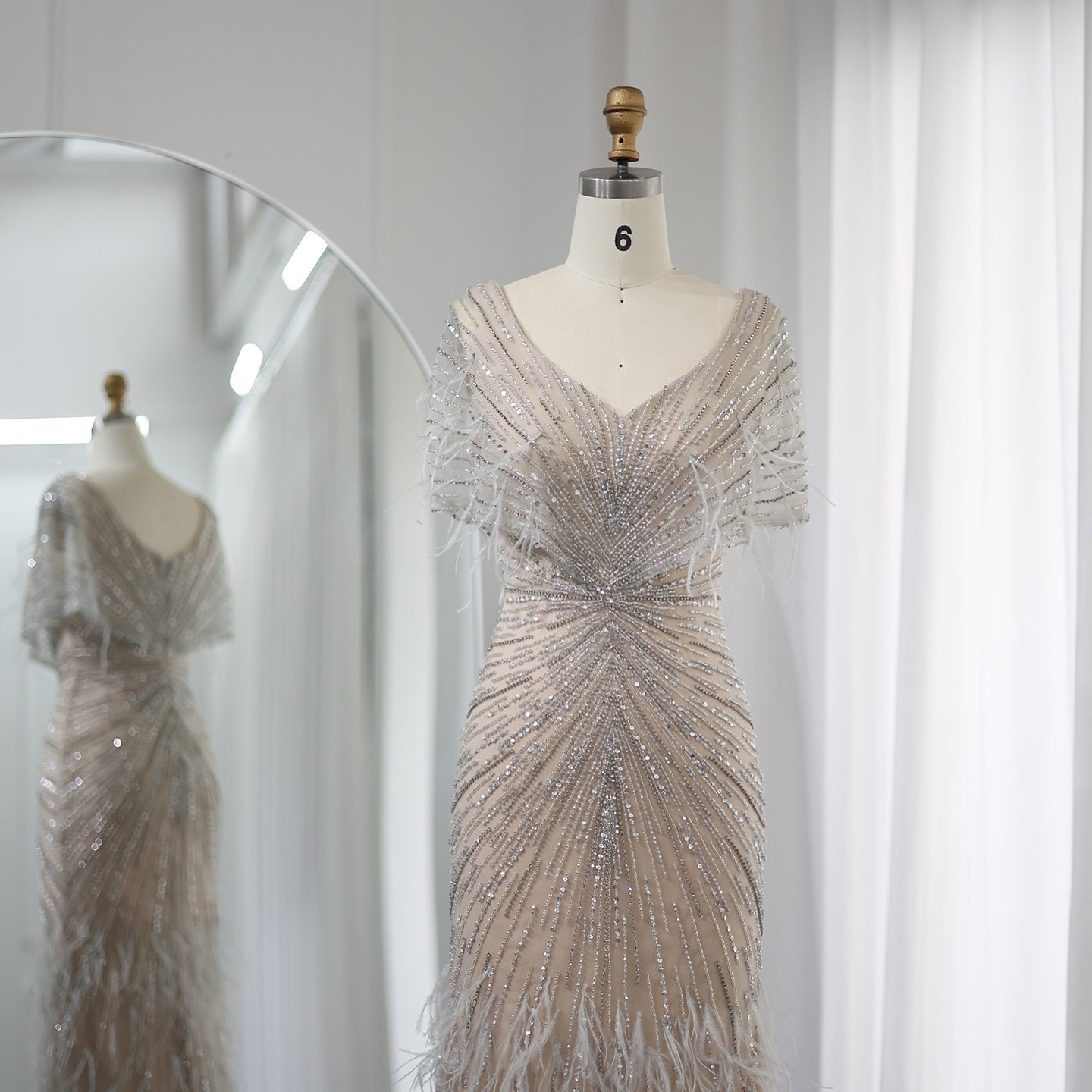 Luxury Feathers Khaki Mermaid Evening Dress with Cape Sleeves SS210