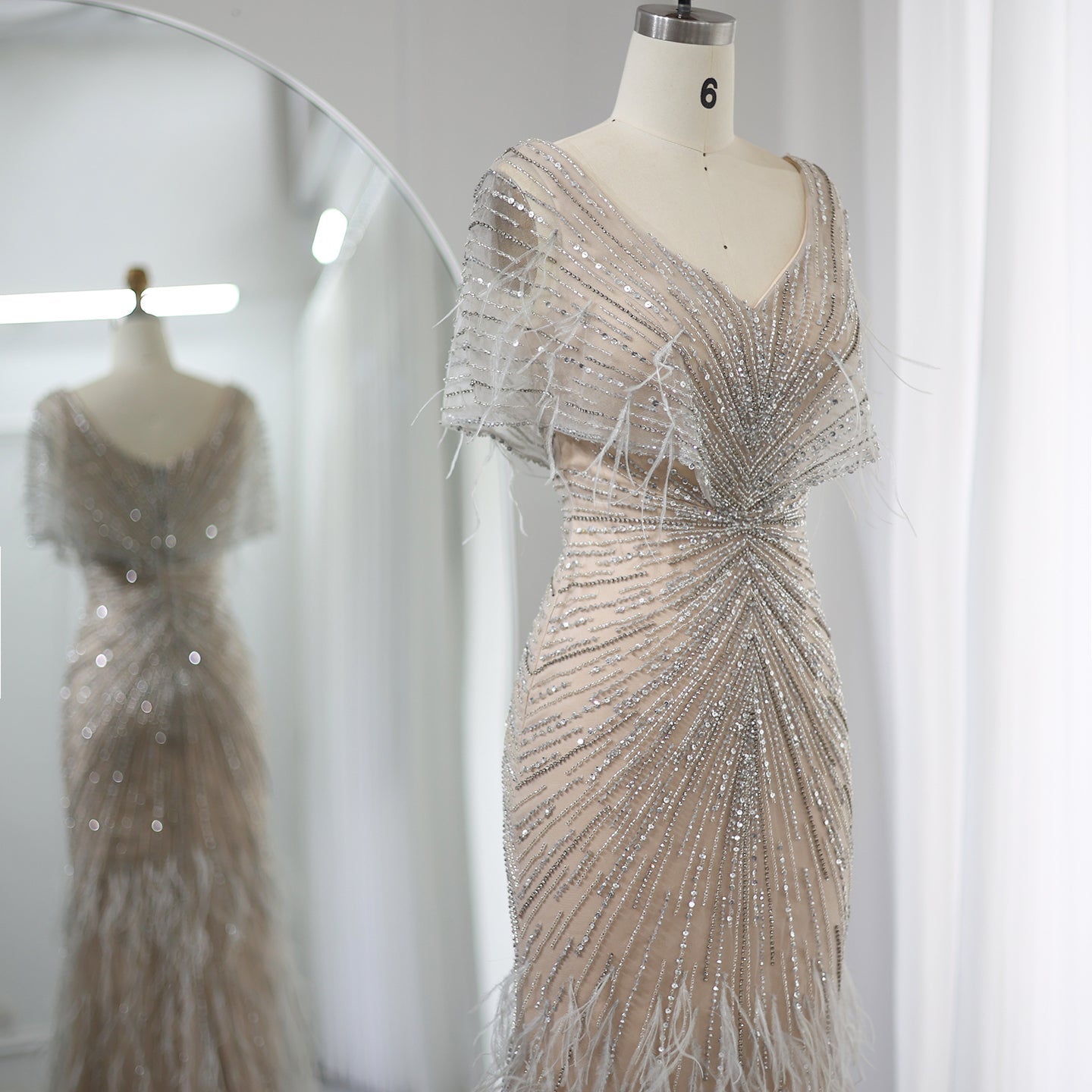 Luxury Feathers Khaki Mermaid Evening Dress with Cape Sleeves SS210