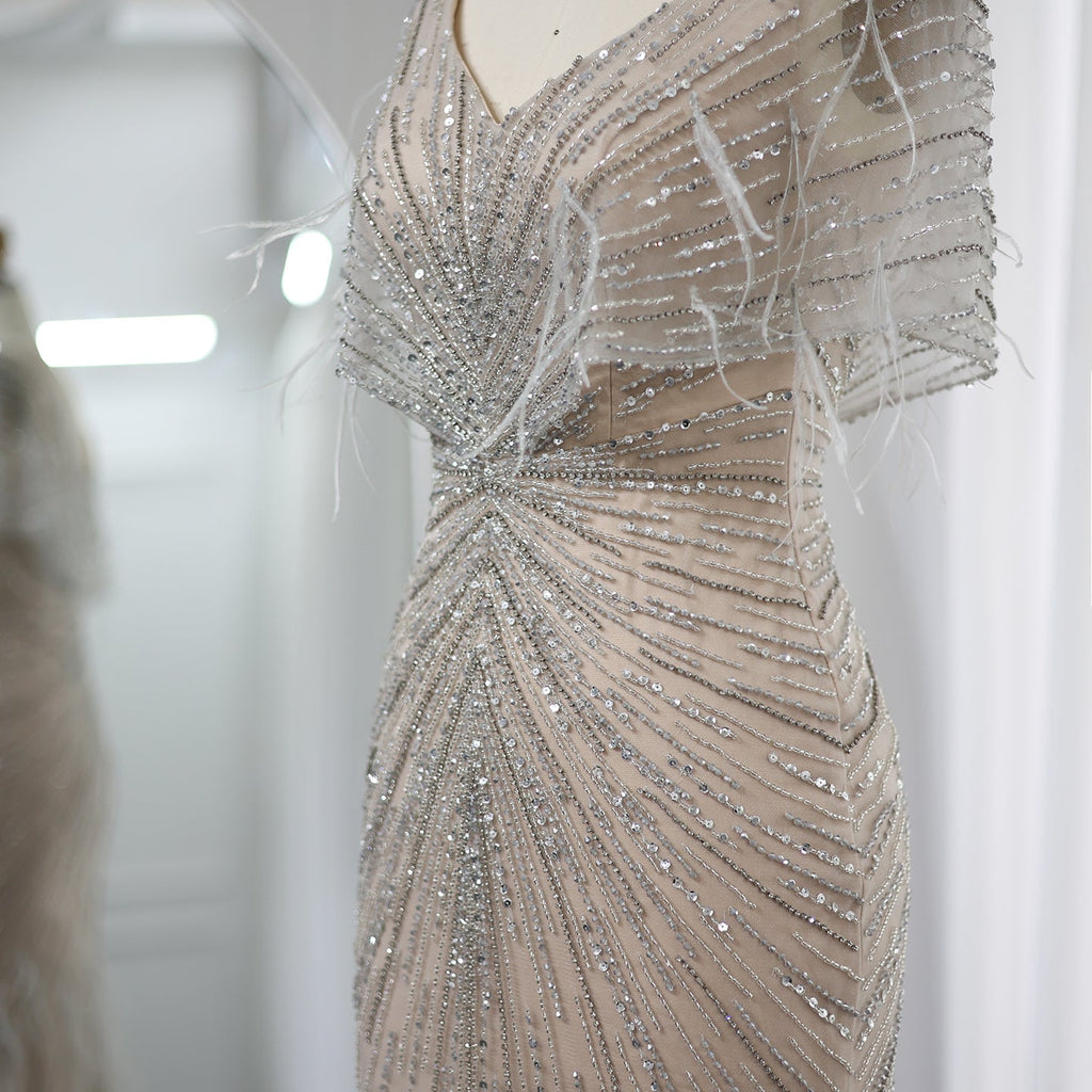 Luxury Feathers Khaki Mermaid Evening Dress with Cape Sleeves SS210