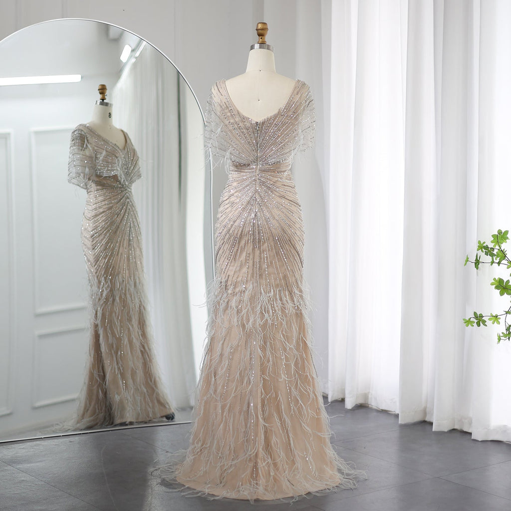Luxury Feathers Khaki Mermaid Evening Dress with Cape Sleeves SS210
