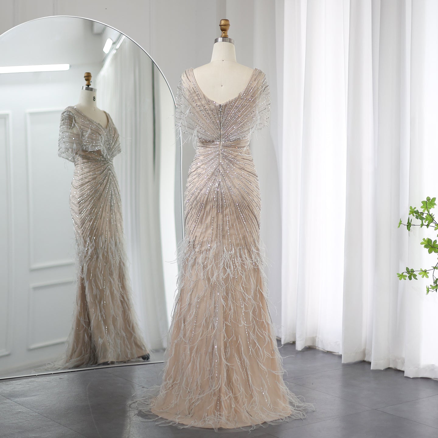 Luxury Feathers Khaki Mermaid Evening Dress with Cape Sleeves SS210