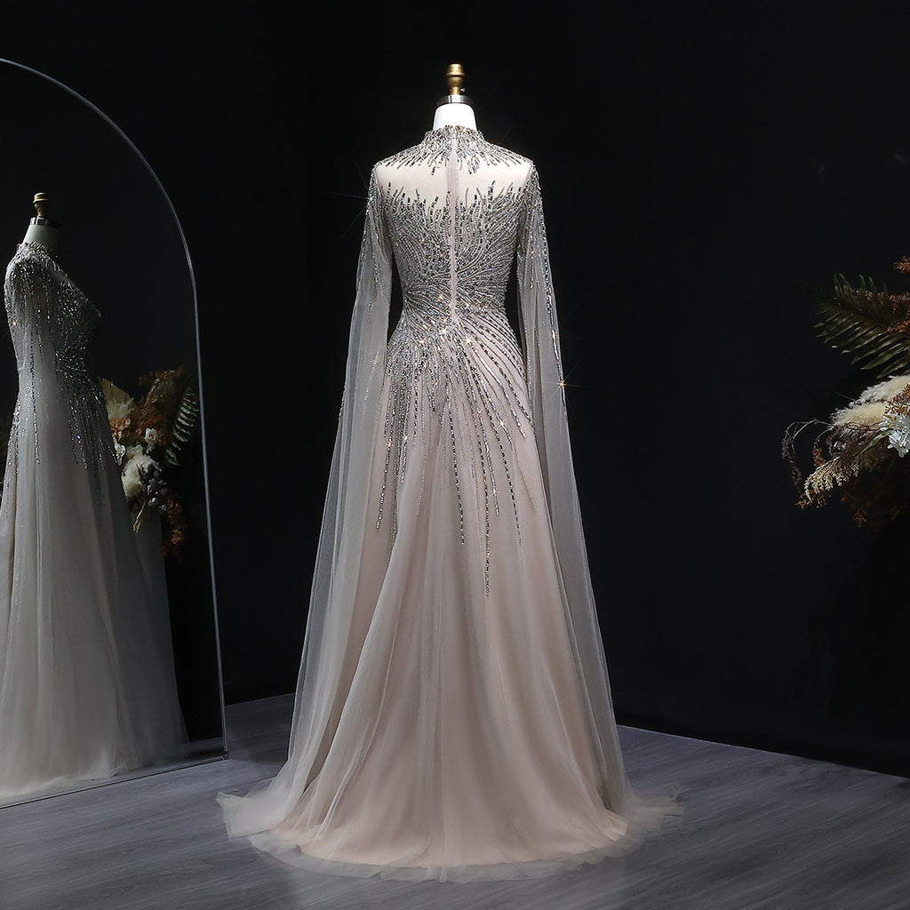 Elegant Blue High Neck Beaded Evening Dress with Cape Sleeve SS134