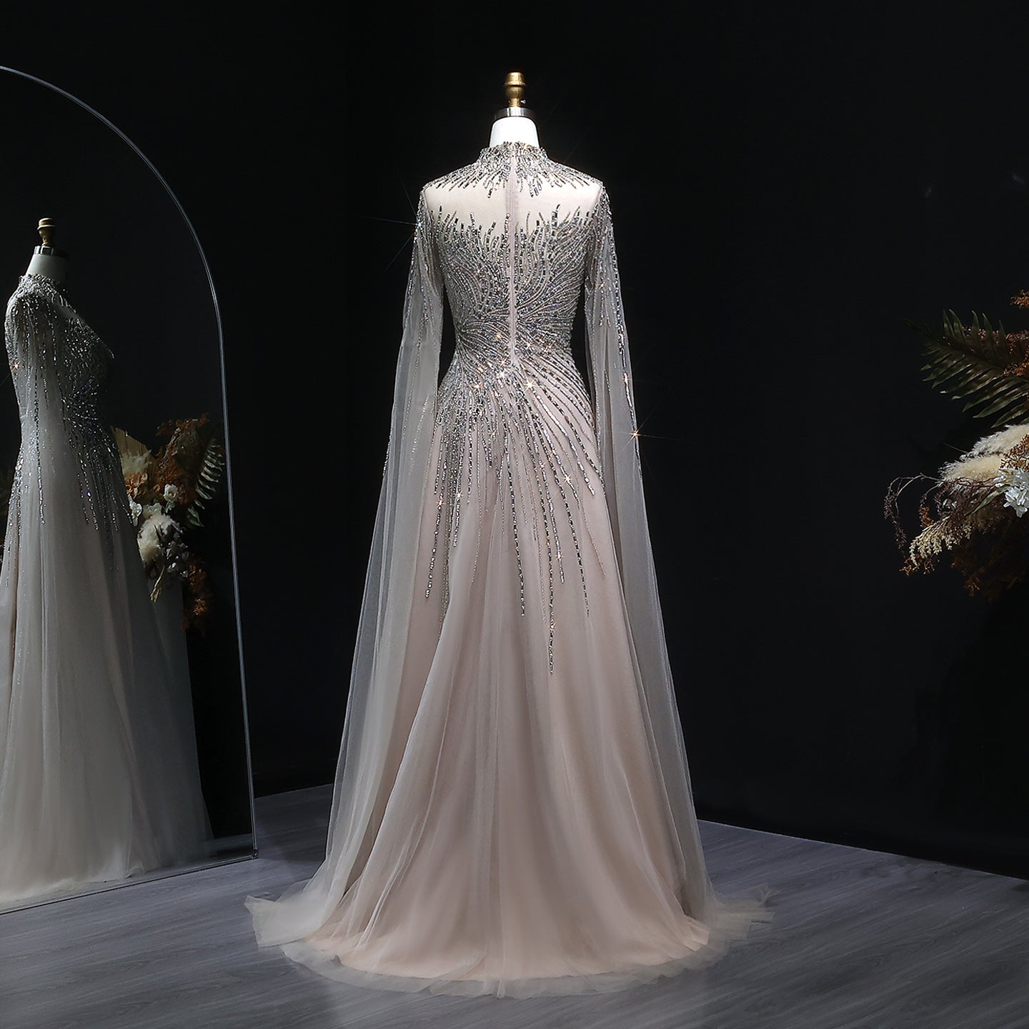 Elegant Blue High Neck Beaded Evening Dress with Cape Sleeve SS134