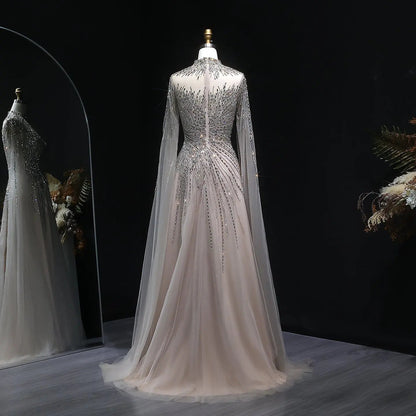 Luxury Blue High Neck Beaded Evening Dress with Cape Sleeve SS134