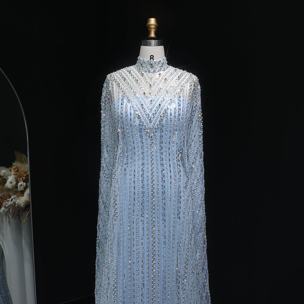 Luxury Pearls Champagne Evening Dress with Cape SS691