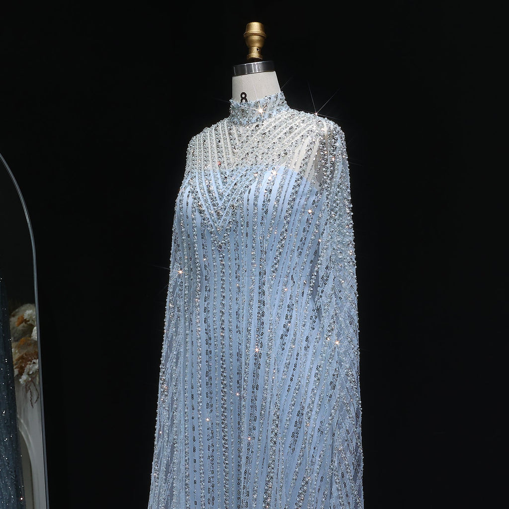 Luxury Pearls Champagne Evening Dress with Cape SS691