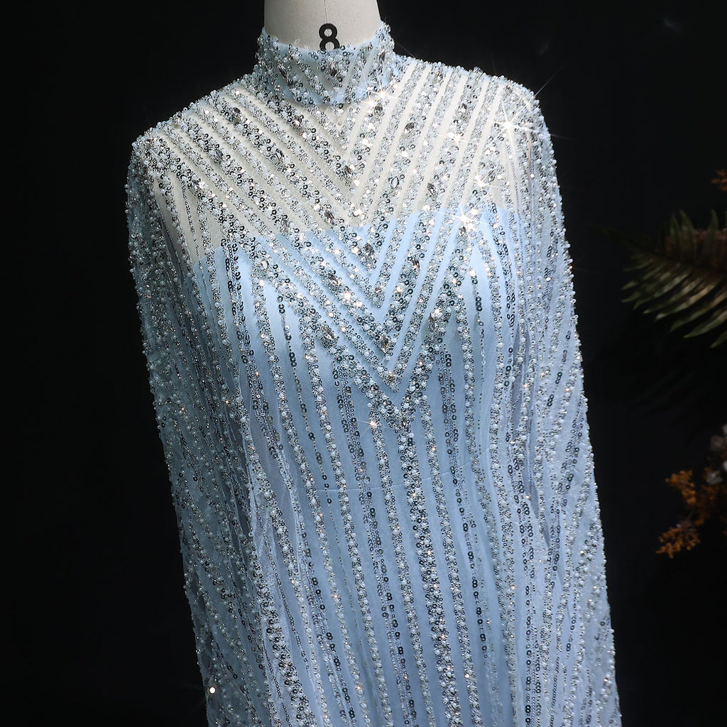 Luxury Pearls Champagne Evening Dress with Cape SS691