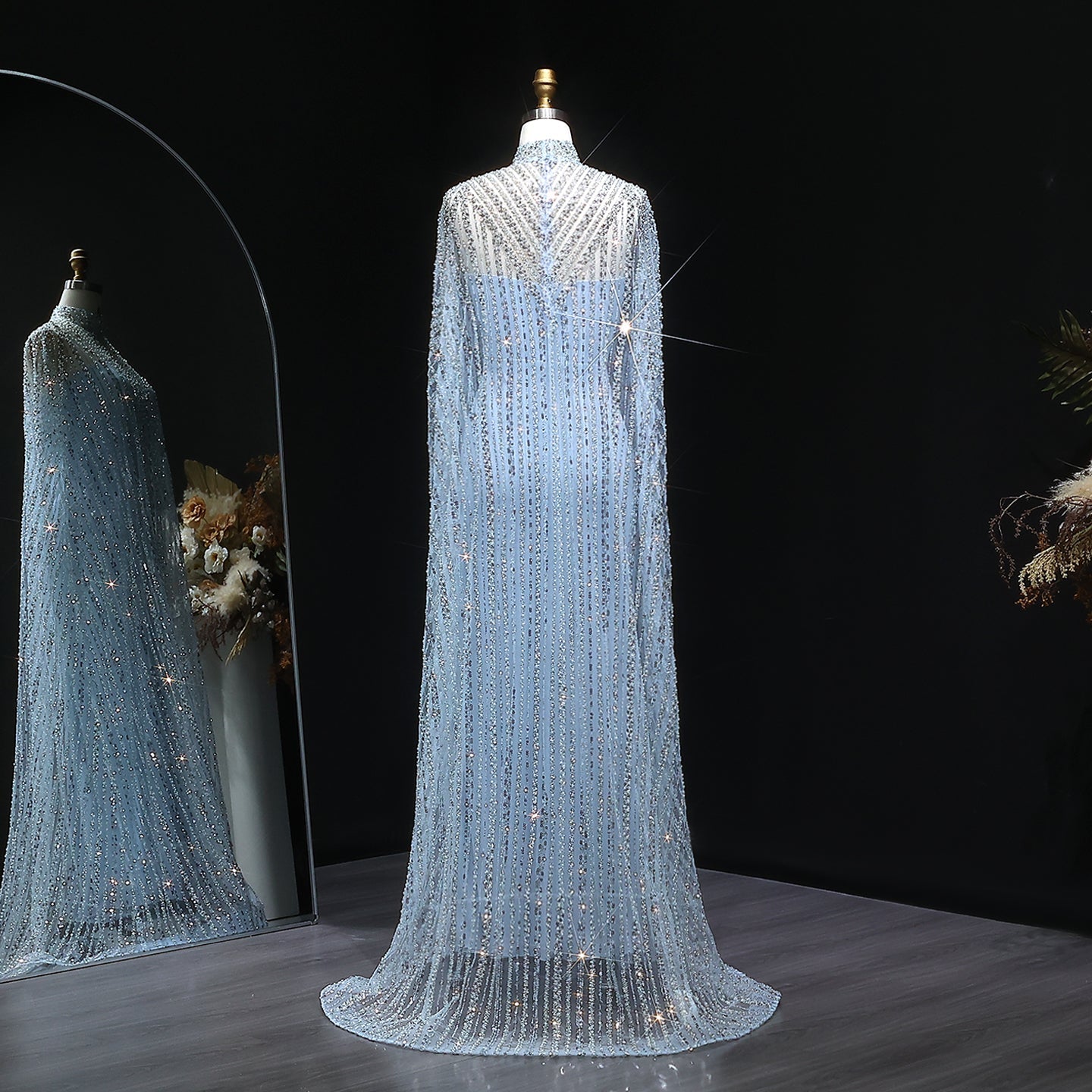 Luxury Pearls Champagne Evening Dress with Cape SS691