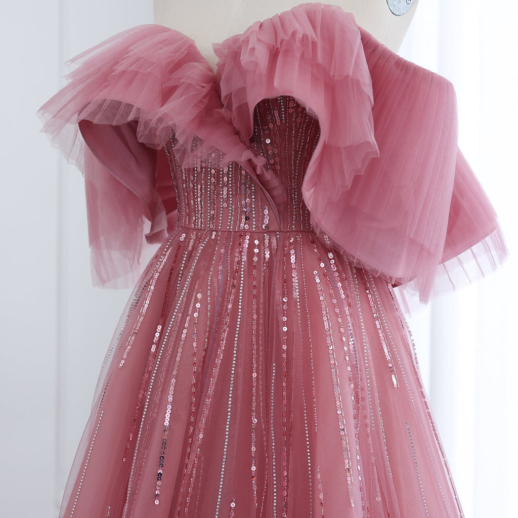 Luxury Fuchsia Off Shoulder A-Line Evening Dress SS390
