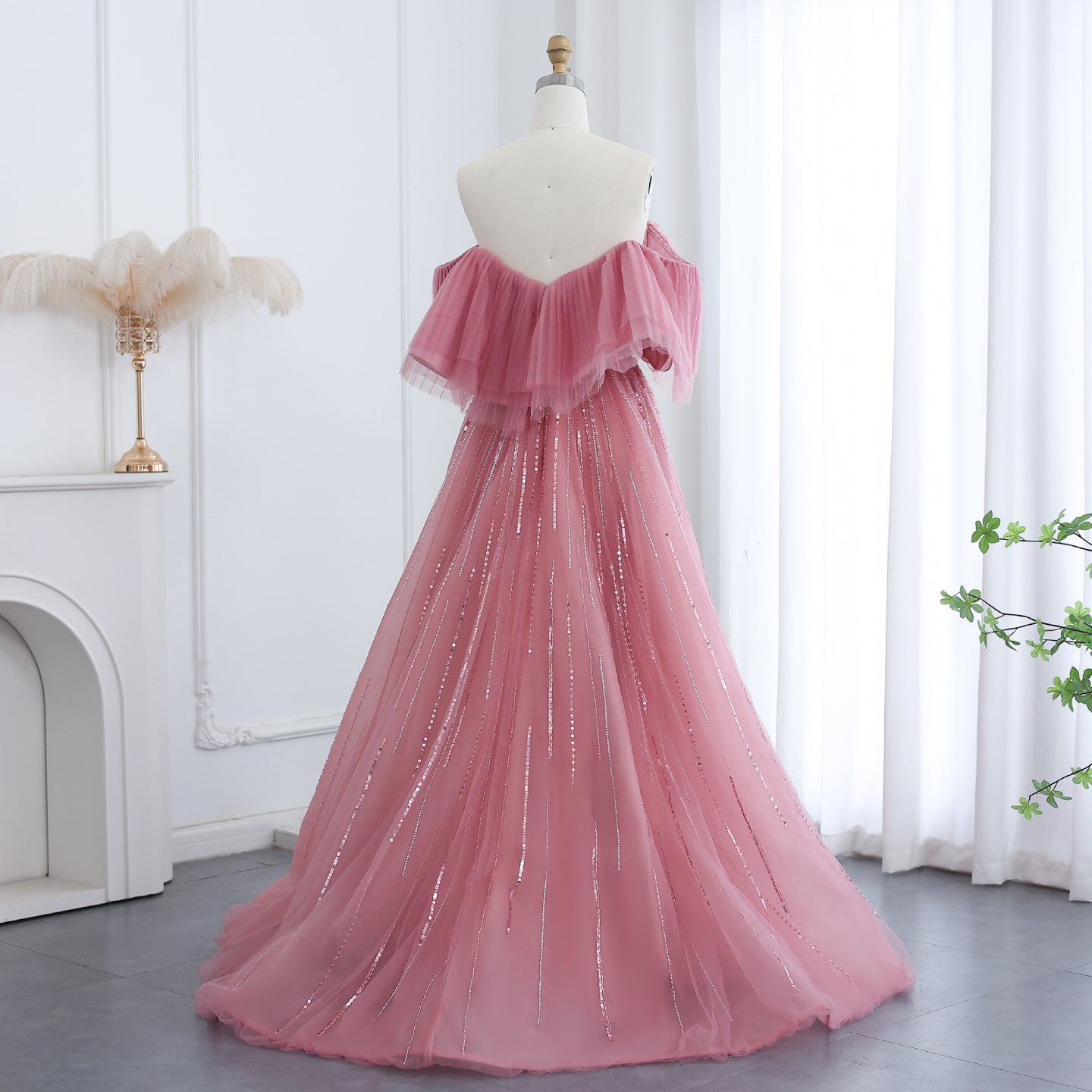 Luxury Fuchsia Off Shoulder A-Line Evening Dress SS390
