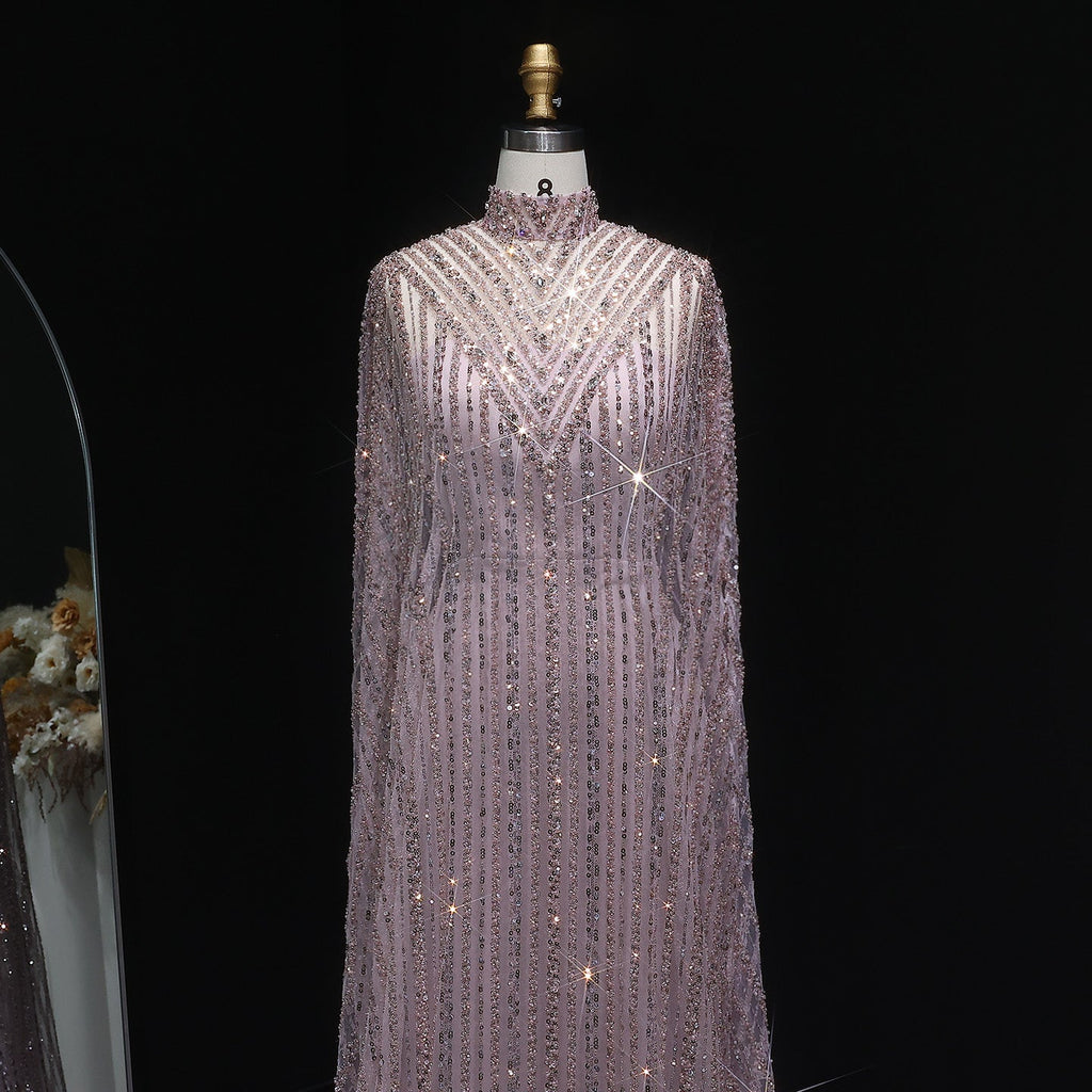 Luxury Pearls Champagne Evening Dress with Cape SS691