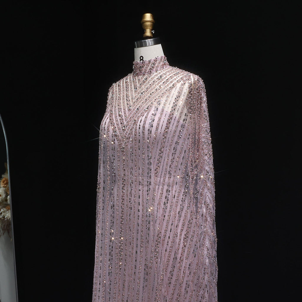 Luxury Pearls Champagne Evening Dress with Cape SS691