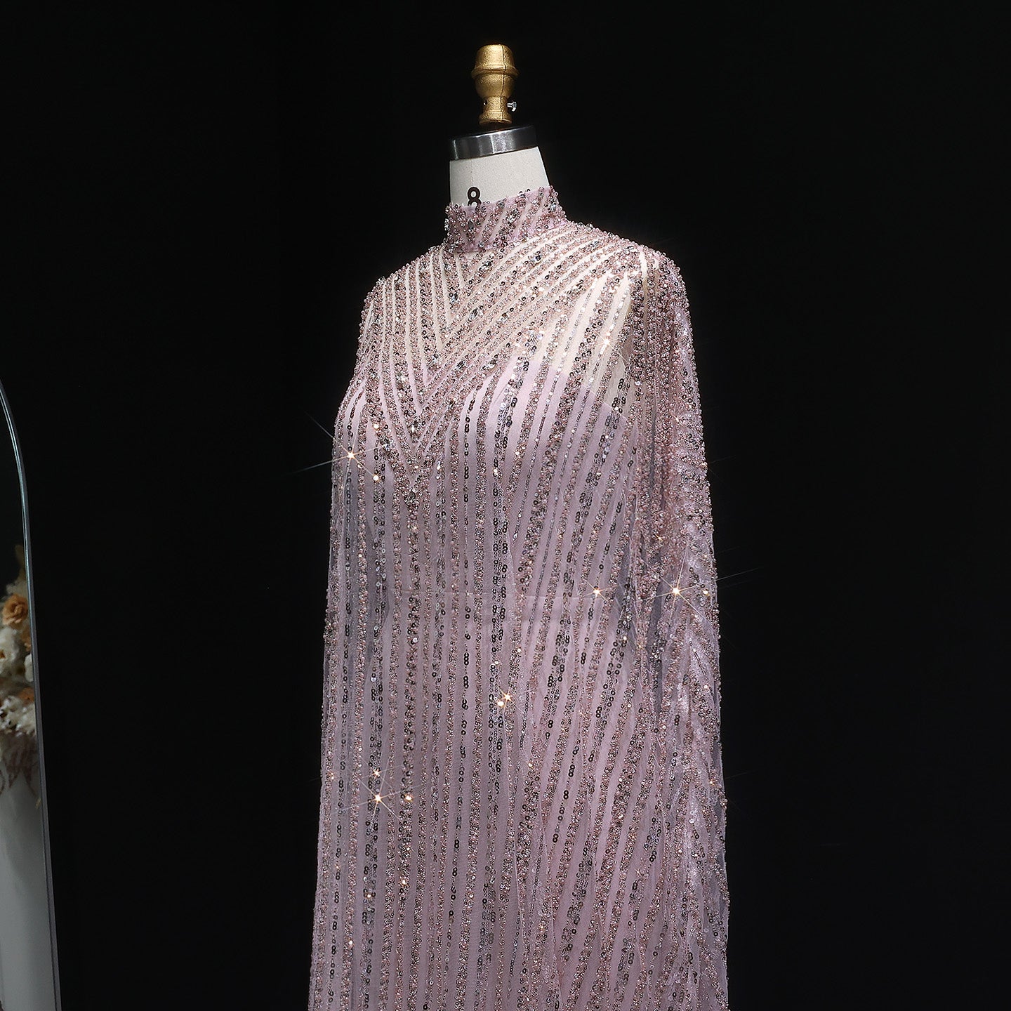 Luxury Pearls Champagne Evening Dress with Cape SS691