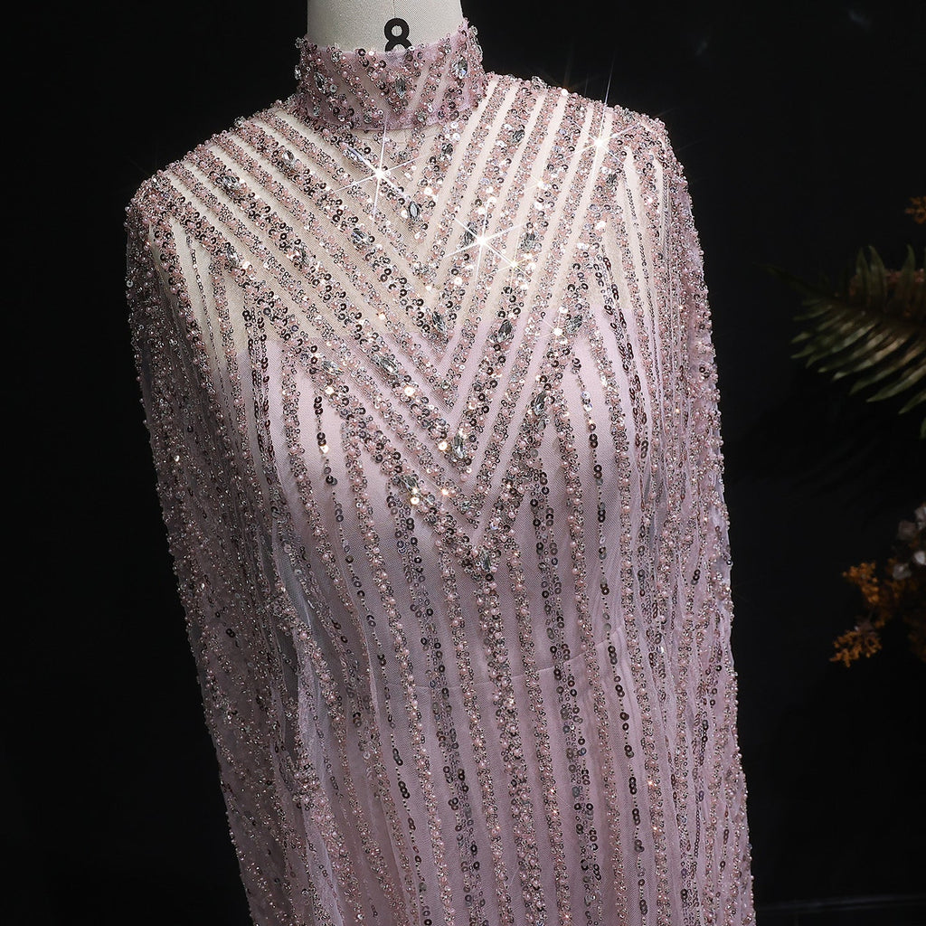 Luxury Pearls Champagne Evening Dress with Cape SS691