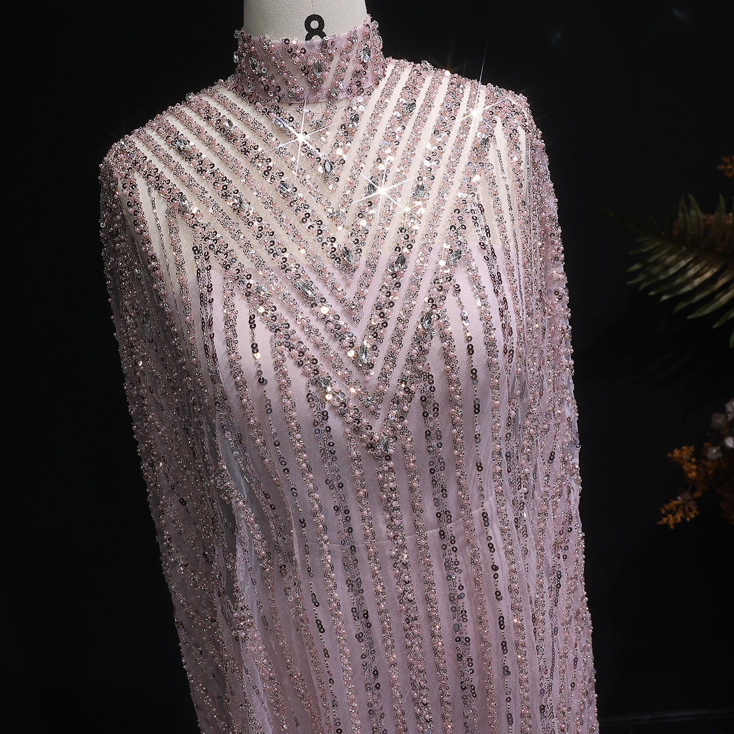 Luxury Pearls Champagne Evening Dress with Cape SS691