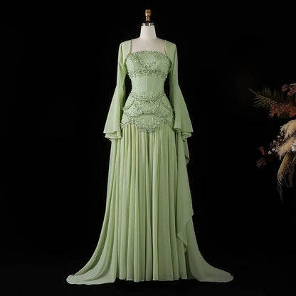 Luxury Pearls Tassel Blue and Yellow Evening Dress with Flowing Sleeves SS286