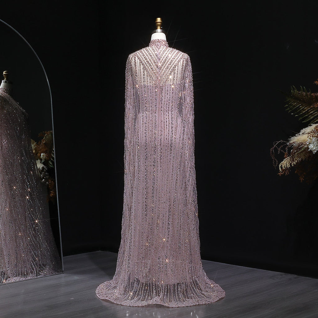 Luxury Pearls Champagne Evening Dress with Cape SS691