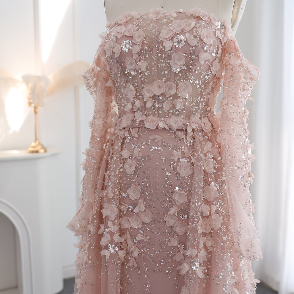 Elegant 3D Flowers Pink Evening Dress with Overskirt SS352