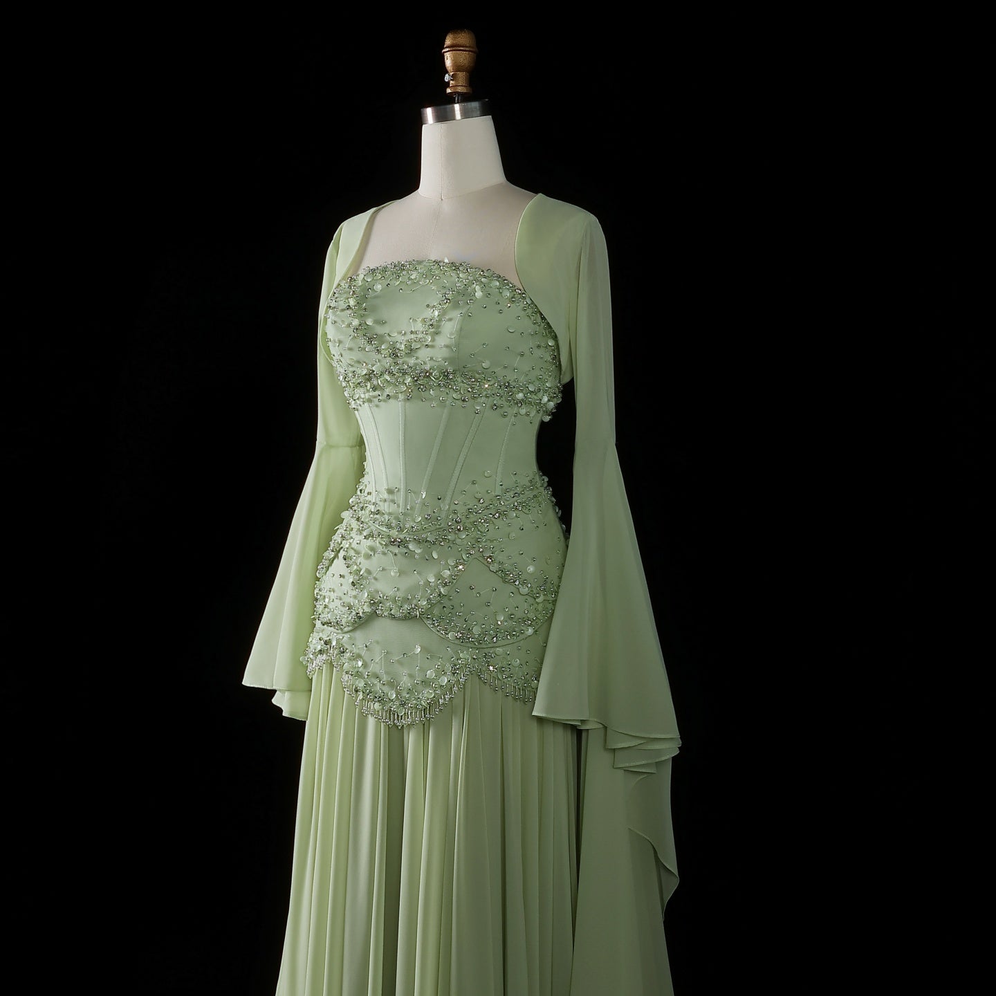 Luxury Pearls Tassel Blue and Yellow Evening Dress with Flowing Sleeves SS286
