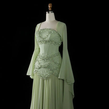 Luxury Pearls Tassel Blue and Yellow Evening Dress with Flowing Sleeves SS286