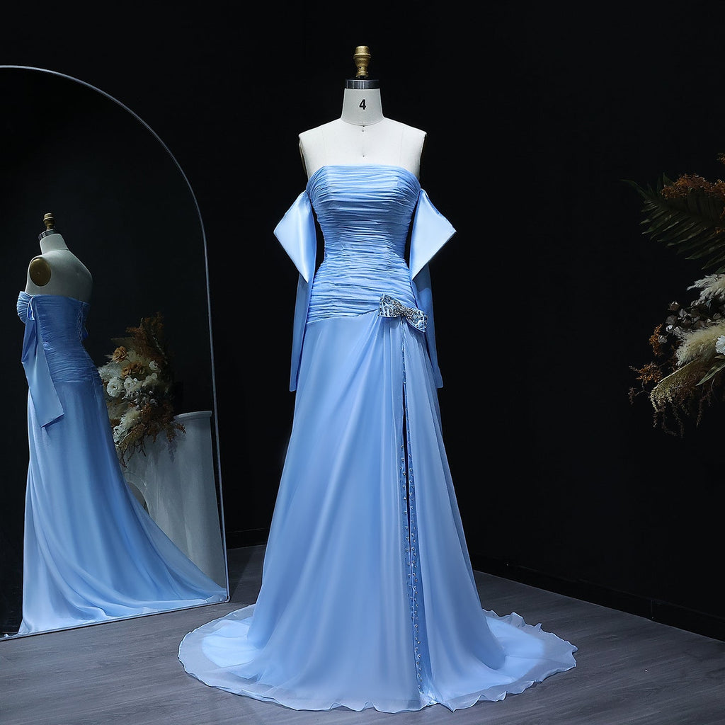 Luxury Beaded Bow Blue Long Sleeves Evening Dress with Slit SF361