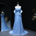 Luxury Beaded Bow Blue Long Sleeves Evening Dress with Slit SF361