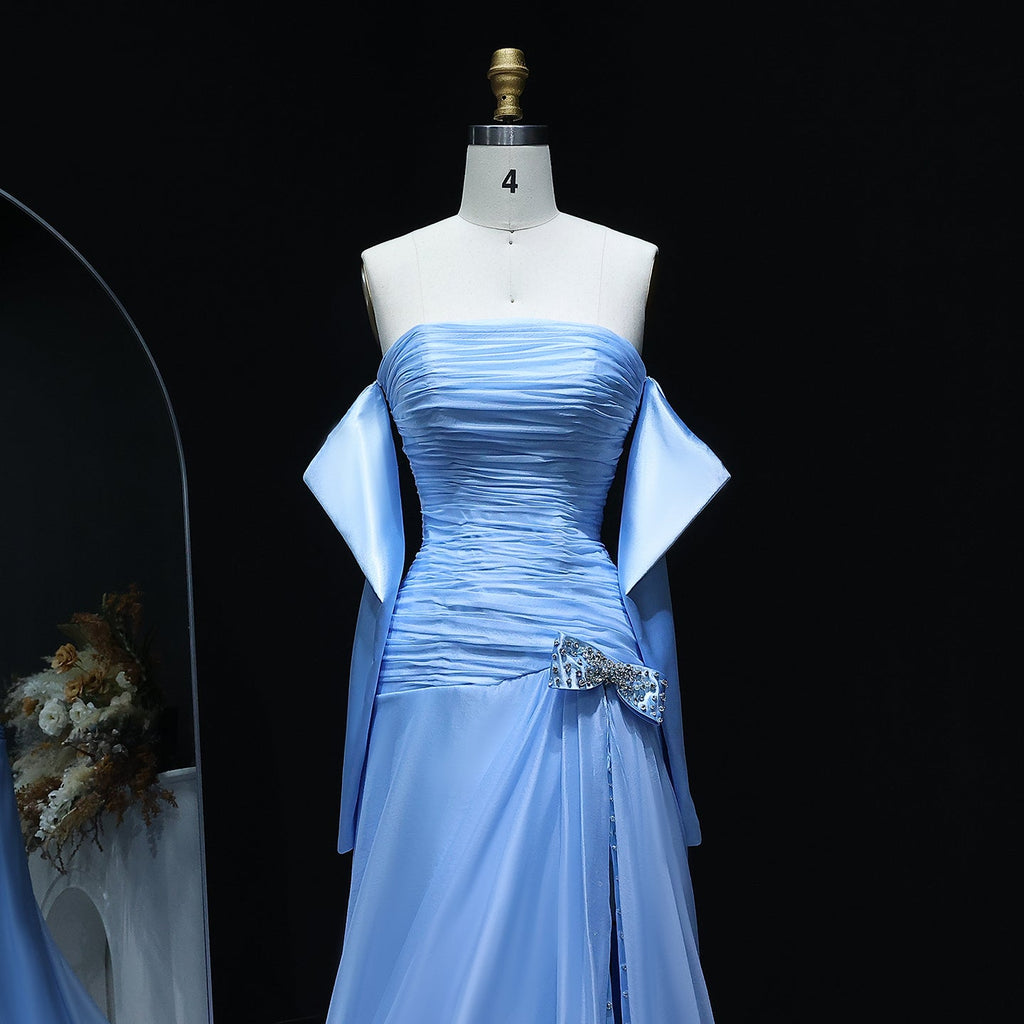 Luxury Beaded Bow Blue Long Sleeves Evening Dress with Slit SF361