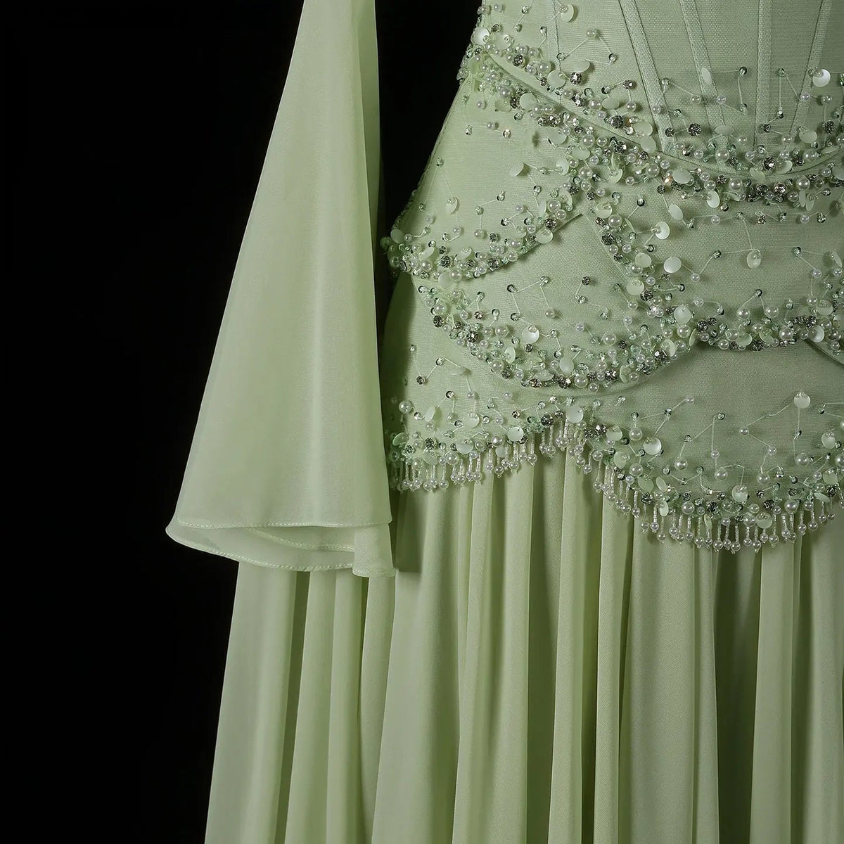 Luxury Pearls Tassel Blue and Yellow Evening Dress with Flowing Sleeves SS286