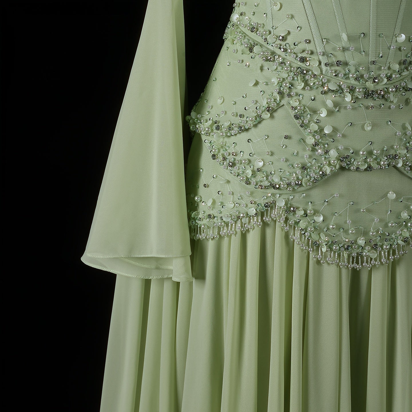 Luxury Pearls Tassel Blue and Yellow Evening Dress with Flowing Sleeves SS286