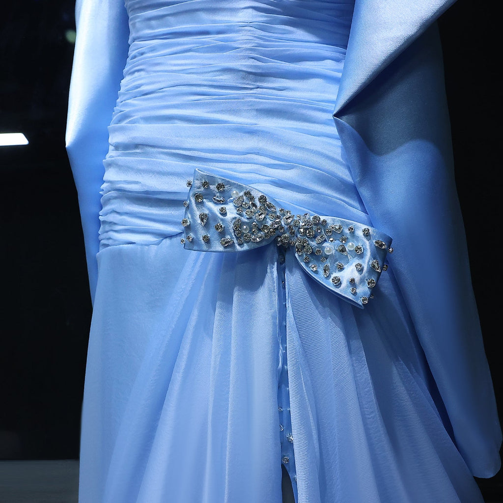 Luxury Beaded Bow Blue Long Sleeves Evening Dress with Slit SF361
