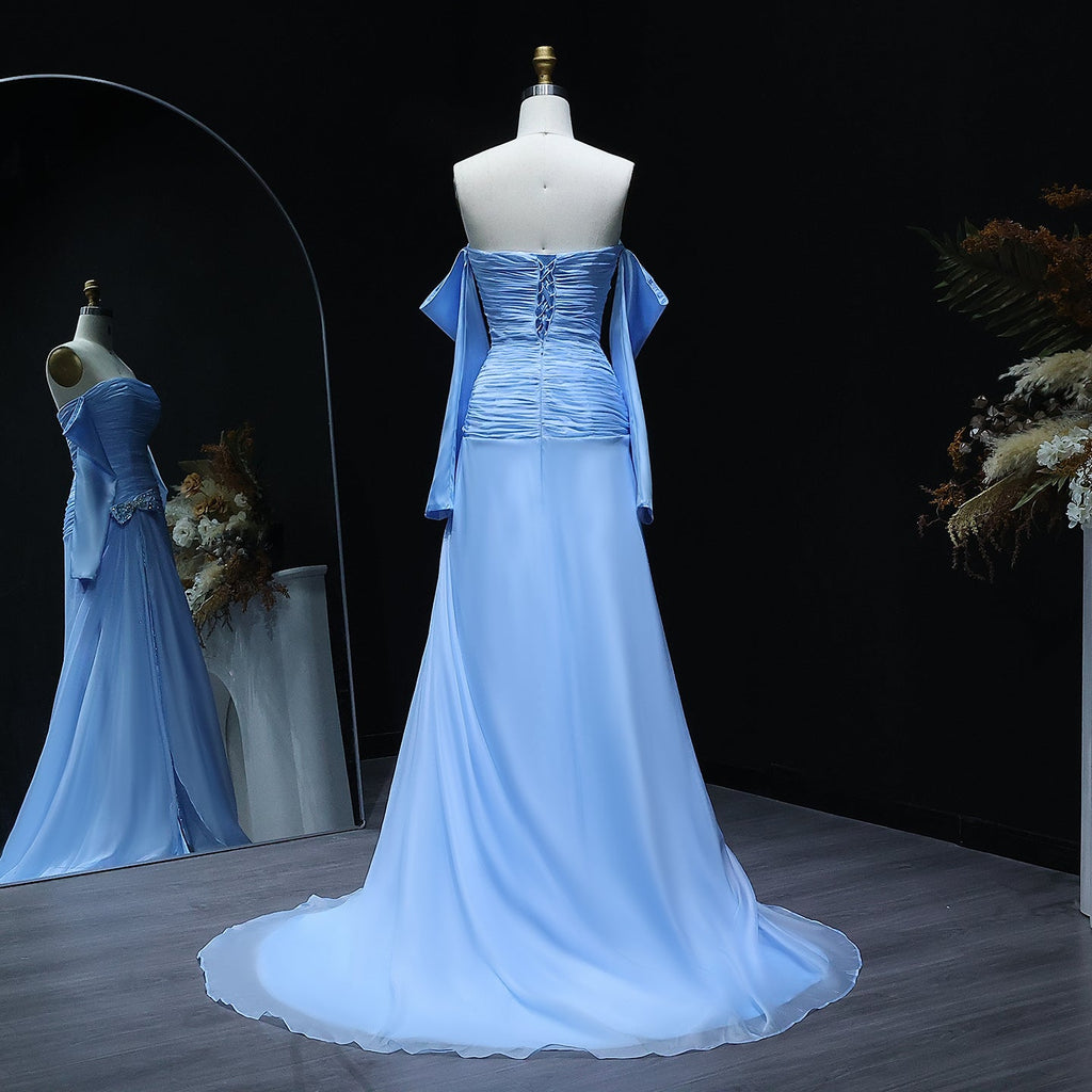 Luxury Beaded Bow Blue Long Sleeves Evening Dress with Slit SF361