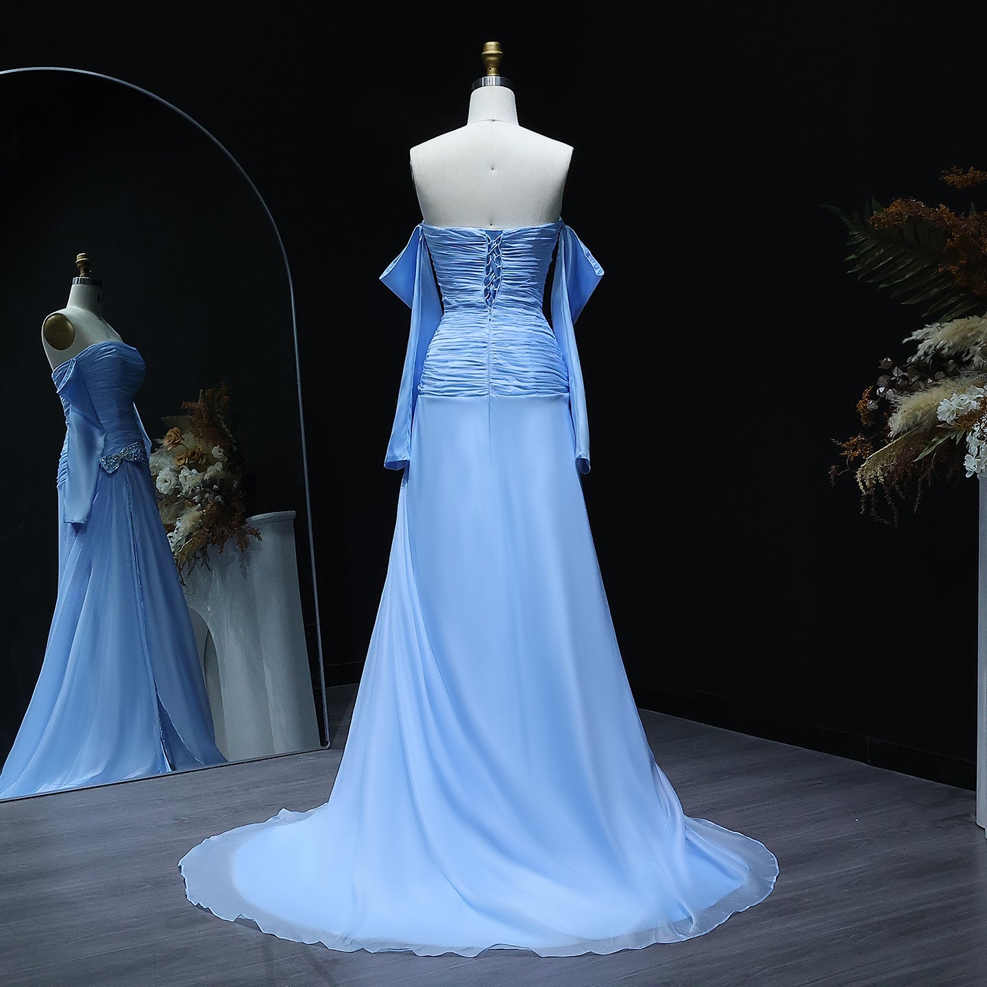 Luxury Beaded Bow Blue Long Sleeves Evening Dress with Slit SF361