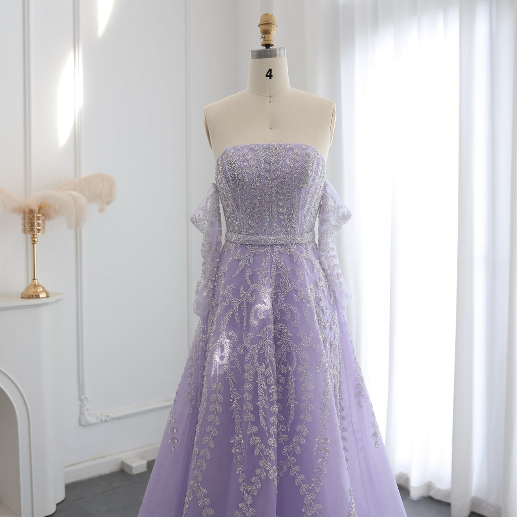 Luxury Beaded Lilac A-Line Strapless Evening Dress with Sleeves SS462