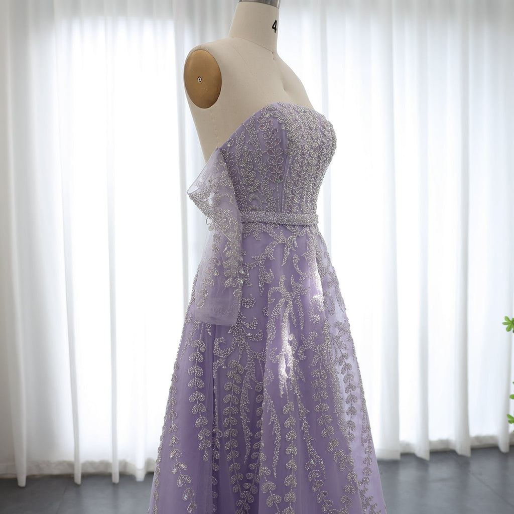 Luxury Beaded Lilac A-Line Strapless Evening Dress with Sleeves SS462