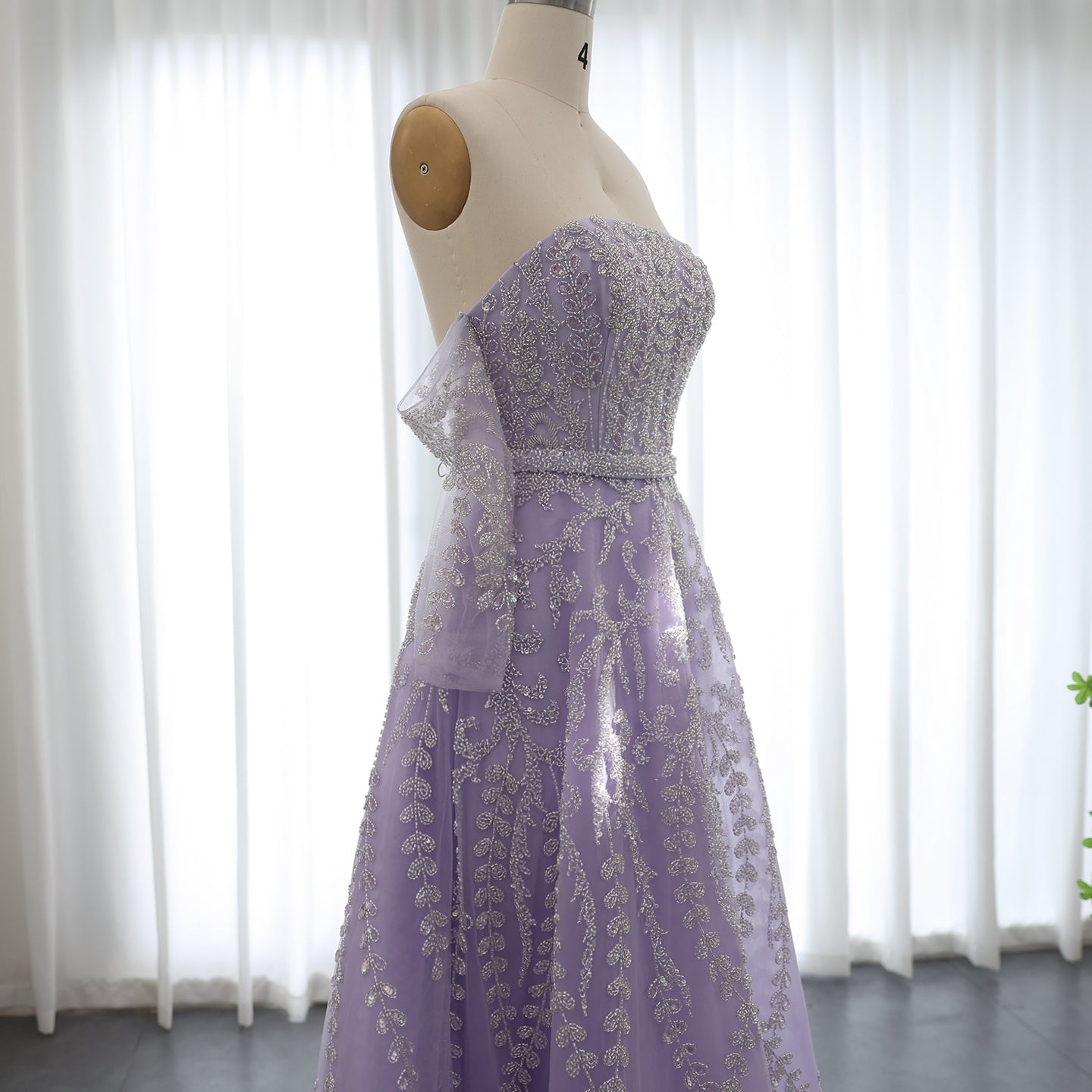 Luxury Beaded Lilac A-Line Strapless Evening Dress with Sleeves SS462