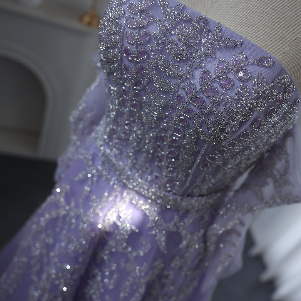 Luxury Beaded Lilac A-Line Strapless Evening Dress with Sleeves SS462