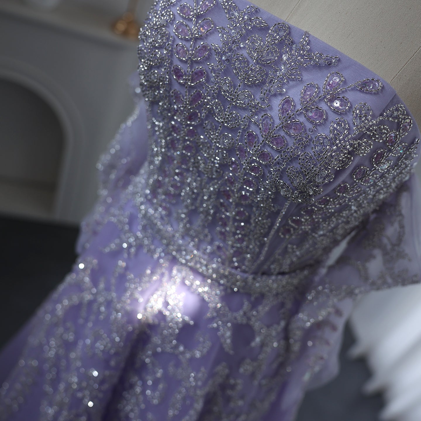 Luxury Beaded Lilac A-Line Strapless Evening Dress with Sleeves SS462